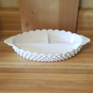 Vintage White hobnail Scalloped Divided Dish